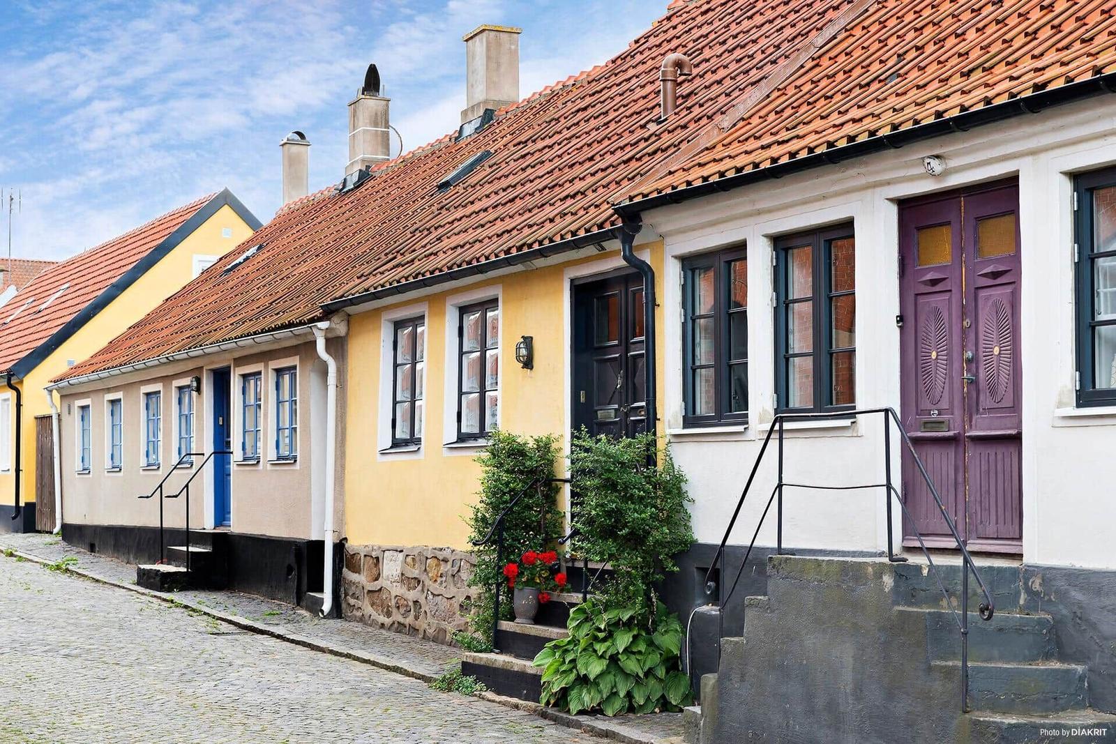 Reihenhaus mit rotem Ziegeldach, bunten Türen und Pflanzen vor der Tür.