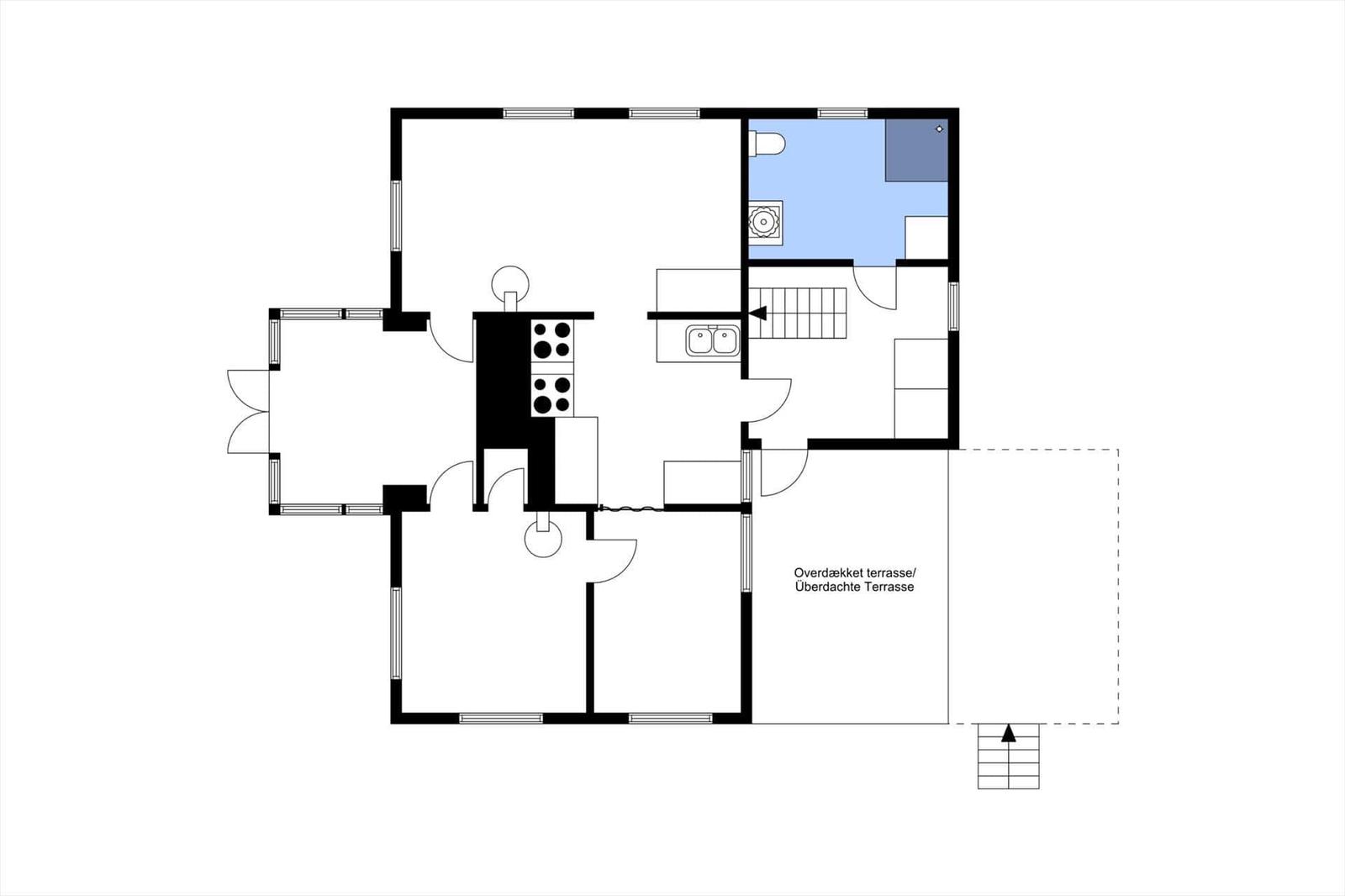 Dies ist eine Grundrisszeichnung einer Wohnung mit Küche, Bad und überdachter Terrasse.