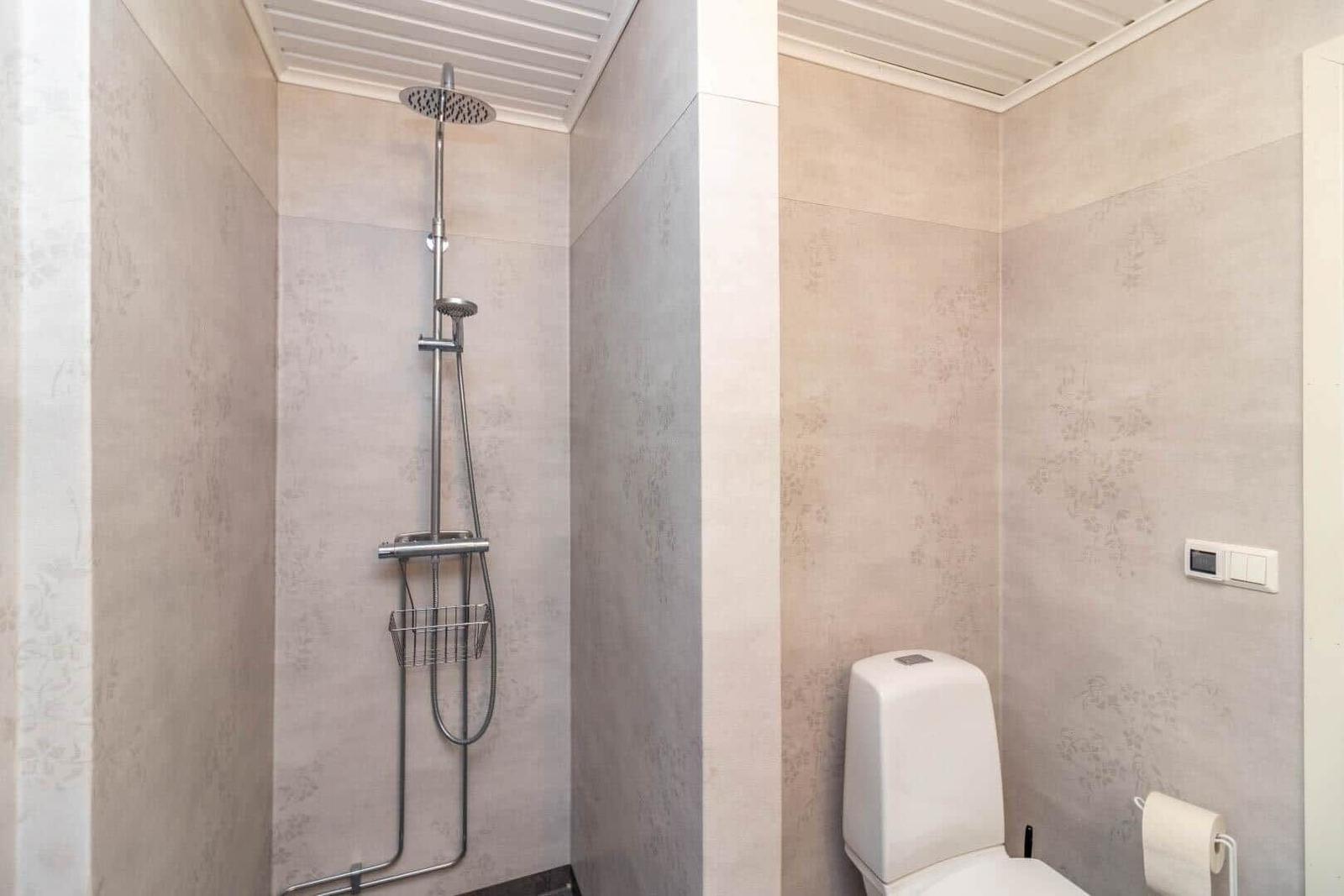Dusche mit Duschbrause und Toilette in einem Badezimmer mit hellen Wänden.