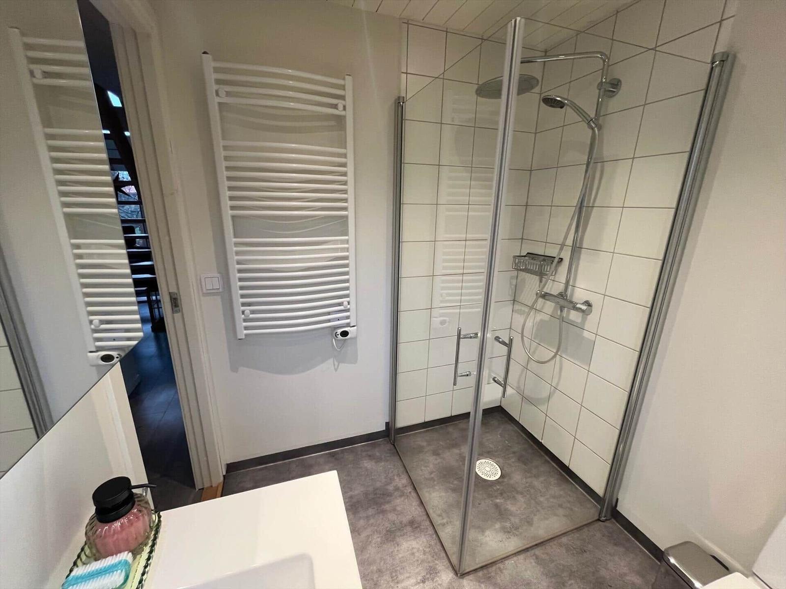 Badezimmer mit Dusche, Handtuchhalter und Waschbecken