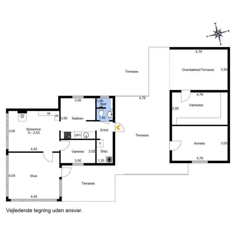 The floor plan shows living and sleeping areas with kitchen, bathroom, and terraces.
