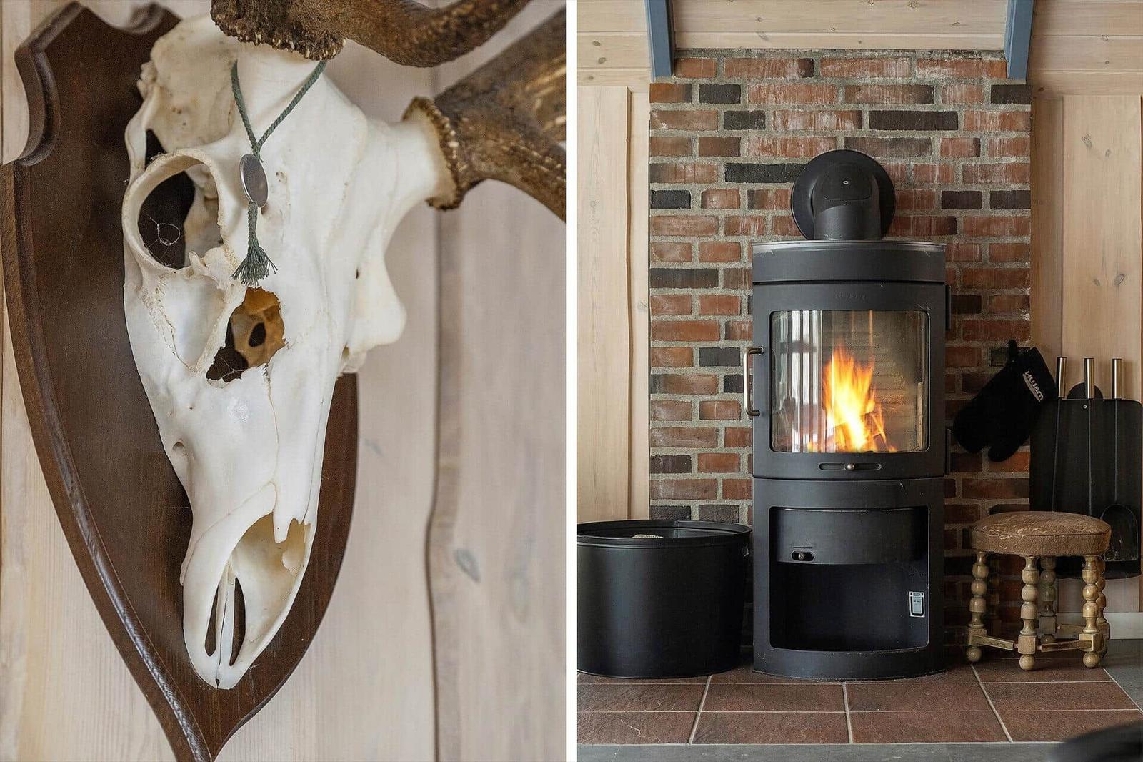 Hirschgeweih und Schädel an der Wand. Kaminofen mit brennendem Feuer und Holzkohlebehälter.