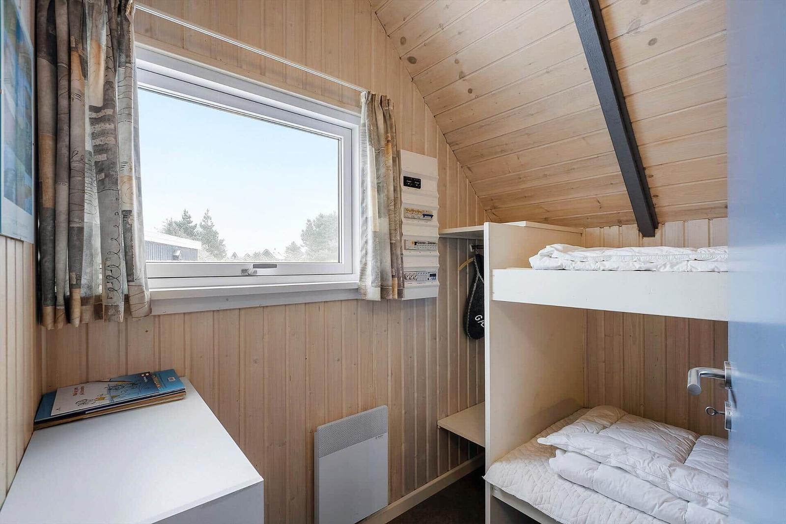 Zimmer mit Doppelstockbett, Fenster und Schreibtisch. Holzwände und Dachschräge.