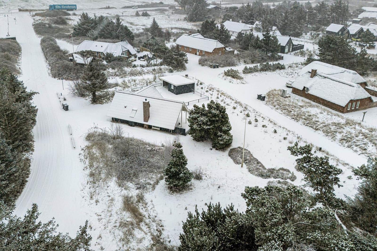 Schneebedeckte Häuser und Bäume in einer ländlichen Umgebung.