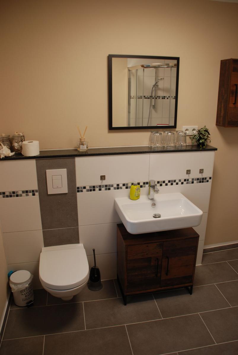 Bad mit Waschbecken, Spiegel und Dusche. Holzschrank und Toilette sind sichtbar.