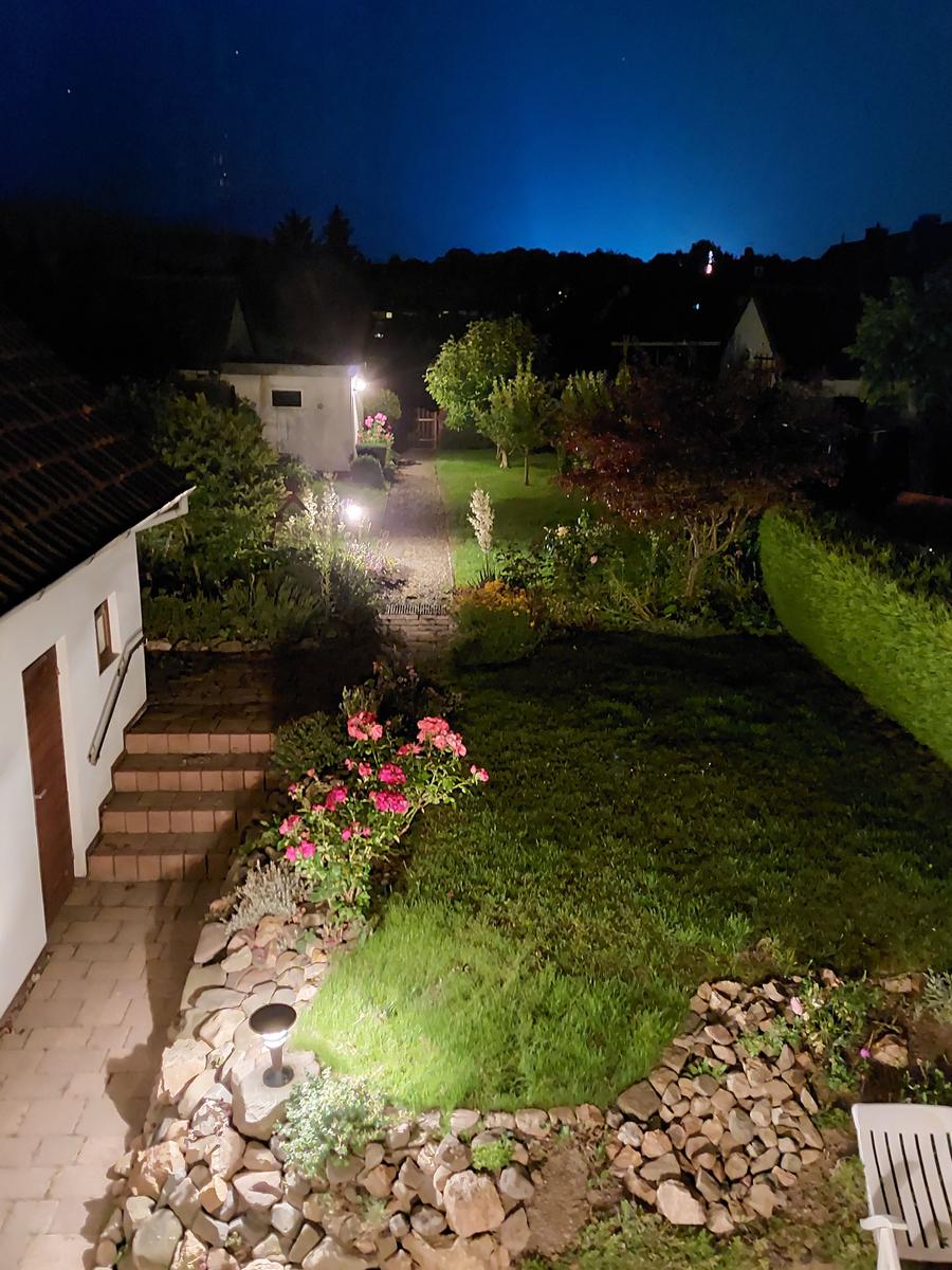 Garten mit Beleuchtung, Blumen und Rasen unter Sternenhimmel.