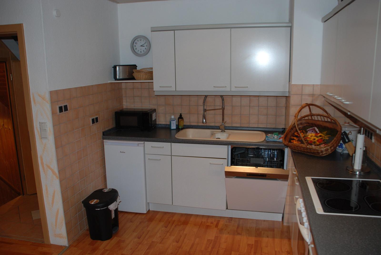 Küche mit Spüle, Waschmaschine, Mikrowelle und Kochfeld.