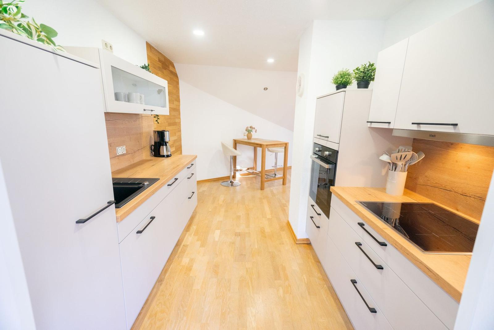 Moderne Kueche der Ferienwohnung Bergmoment in Blankenburg Harz mit Induktionskochfeld, Backofen, Geschirrspueler und Mikrowelle.