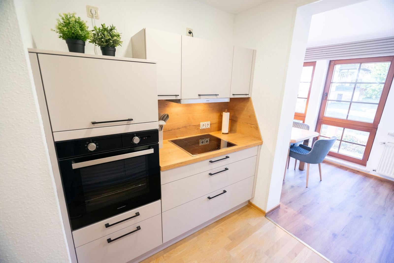 Moderne Kueche der Ferienwohnung Bergmoment in Blankenburg Harz mit Induktionskochfeld, Backofen, Geschirrspueler und Mikrowelle.