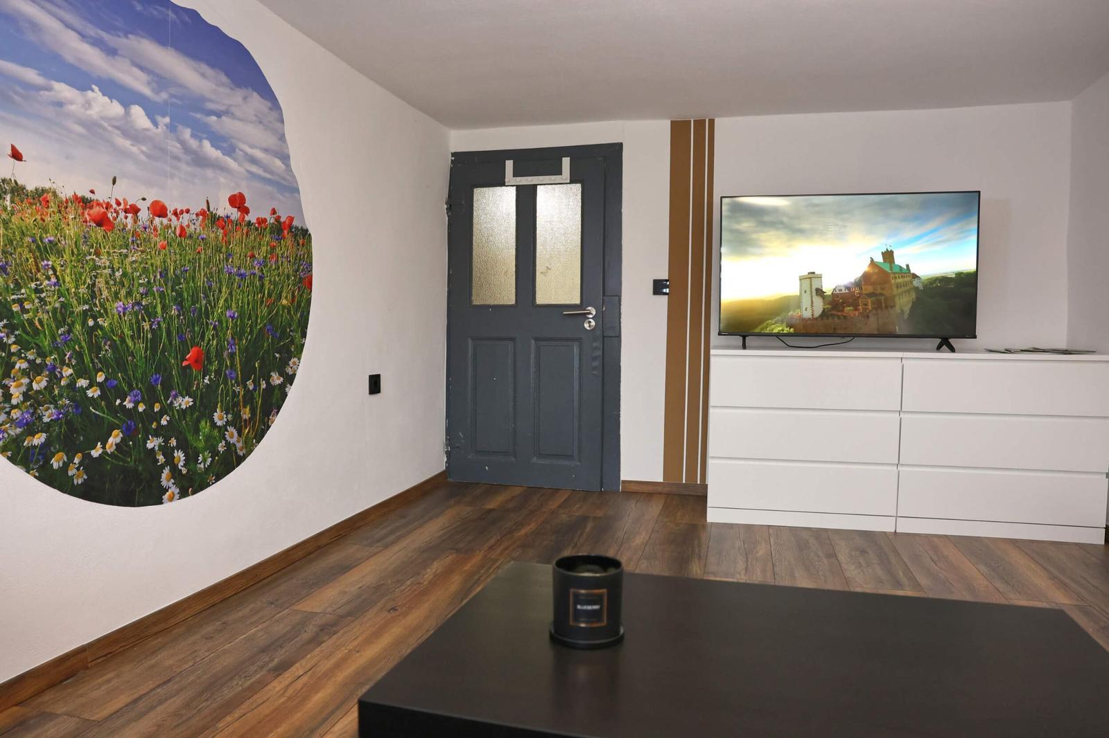 Blick von der Couch in Richtung Fernseher