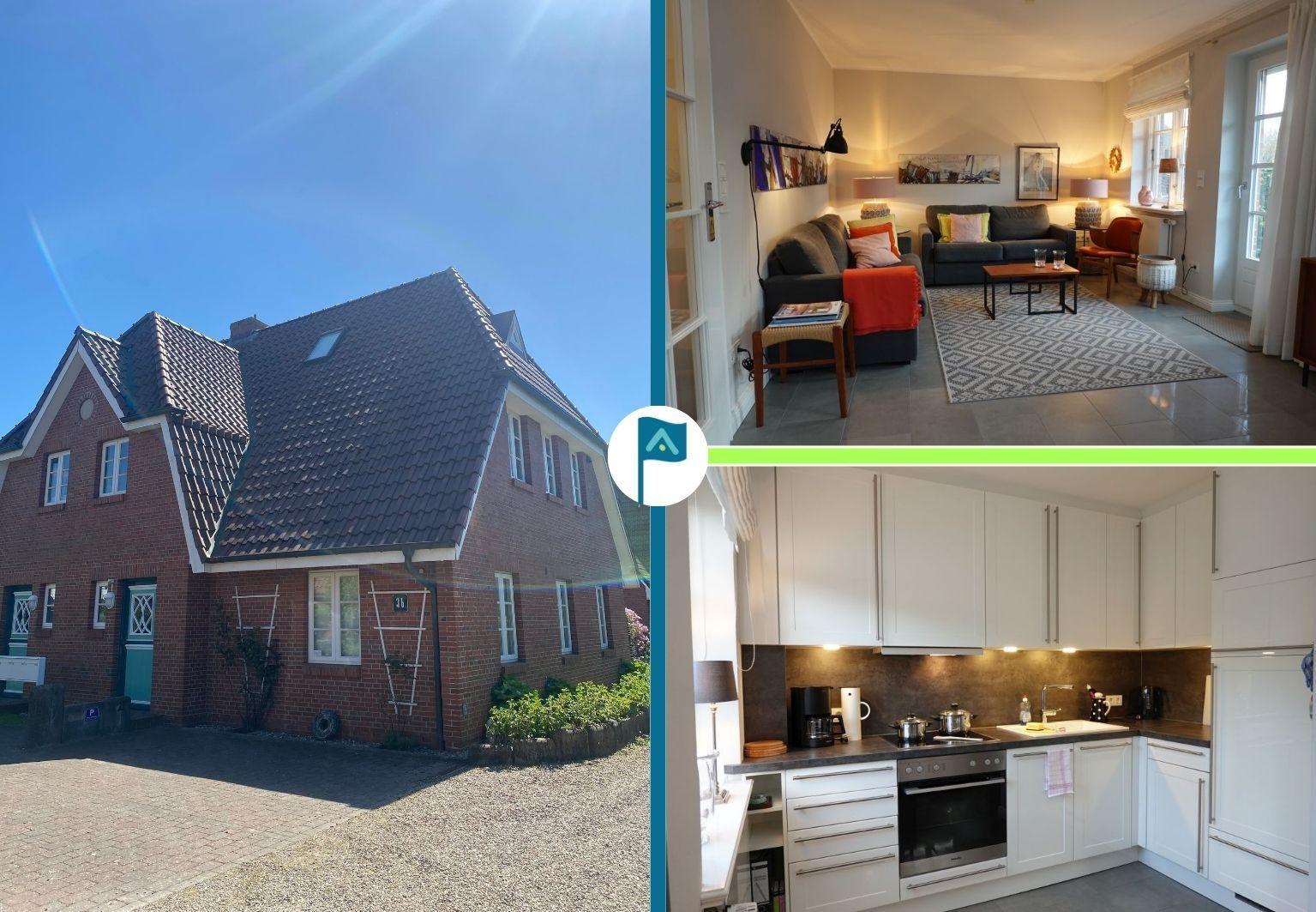 Haus mit Wohnzimmer und Küche. Außenansicht mit rotem Backstein und Dach.