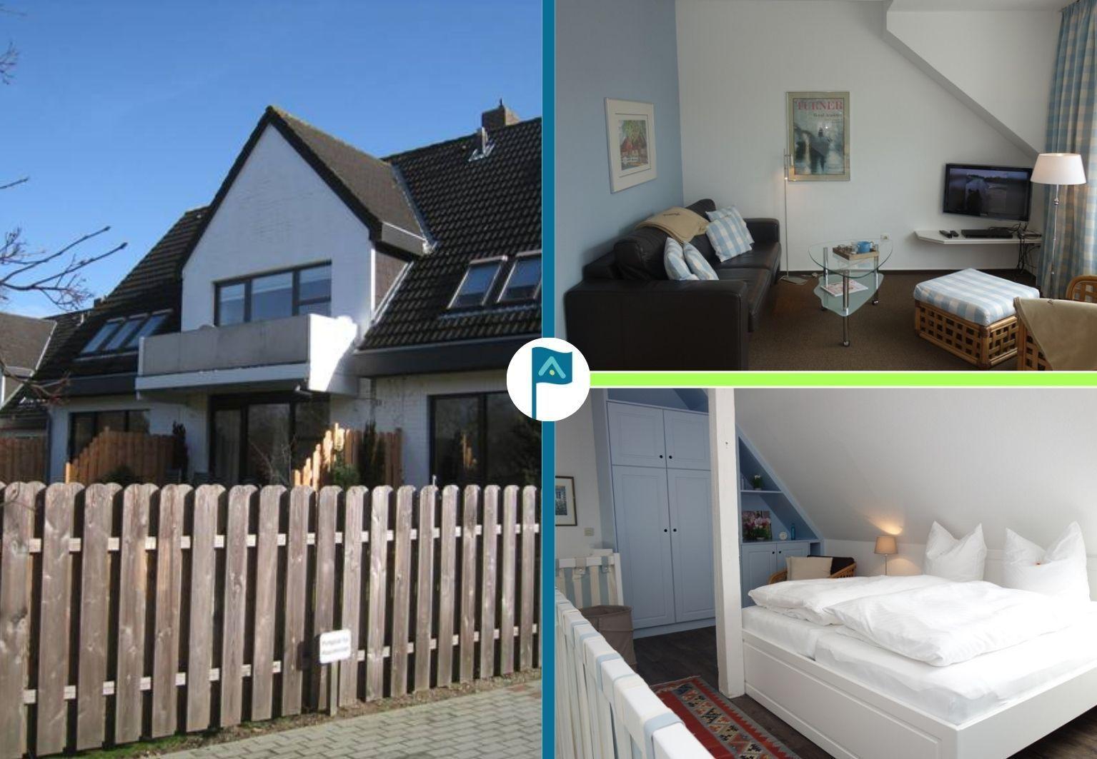 Ferienhaus mit Wohnzimmer und Schlafzimmer. Außenansicht mit Holzzaun.