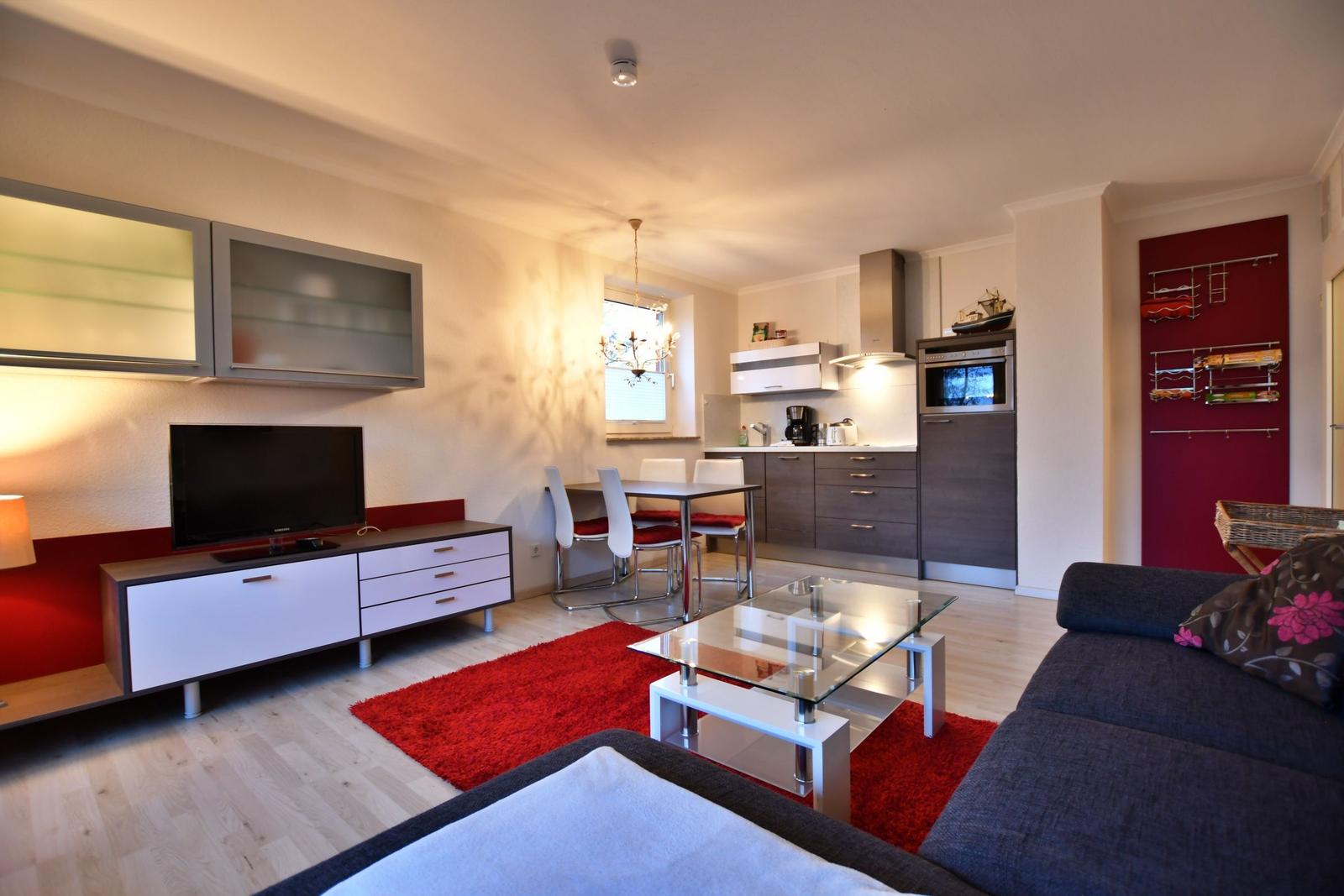 Wohnzimmer mit Küche, Sofa, Glas-Tisch und rotem Teppich.