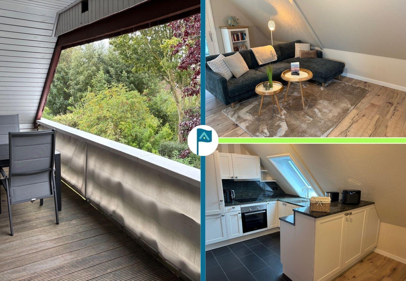 Terrasse mit Blick auf Wald, Wohnzimmer mit Sofa und Küche mit Arbeitsplatte.