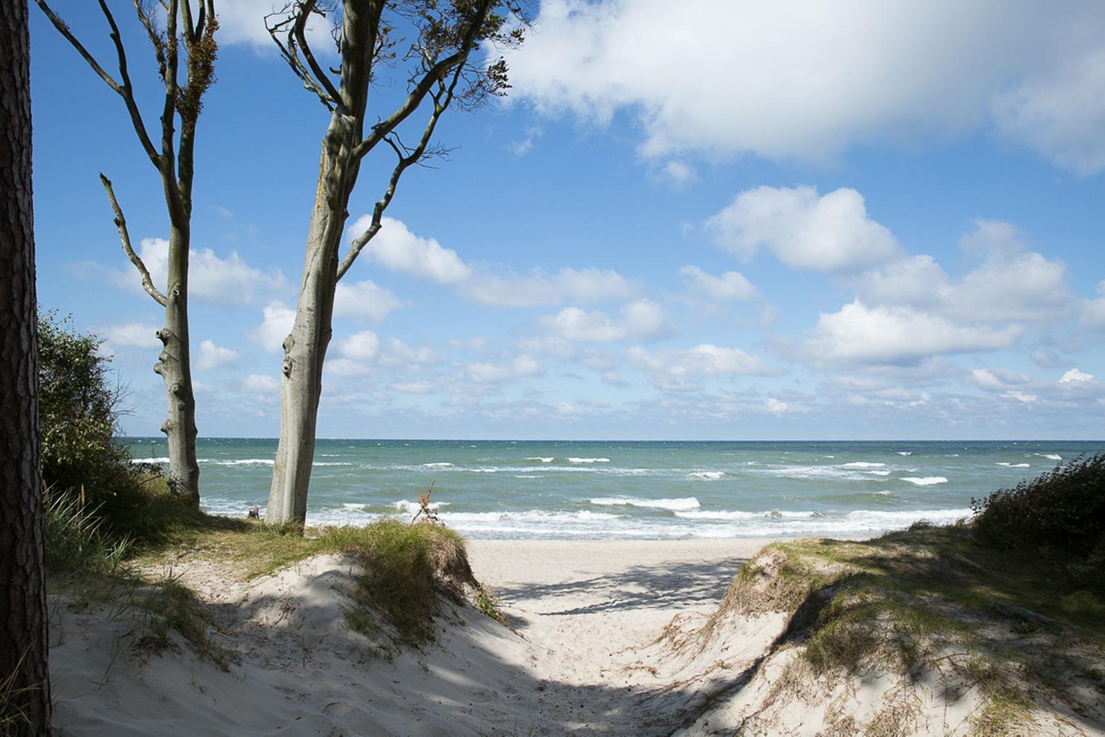 Sandweg führt durch Dünen zu Strand und Meer unter blauem Himmel mit Wolken.