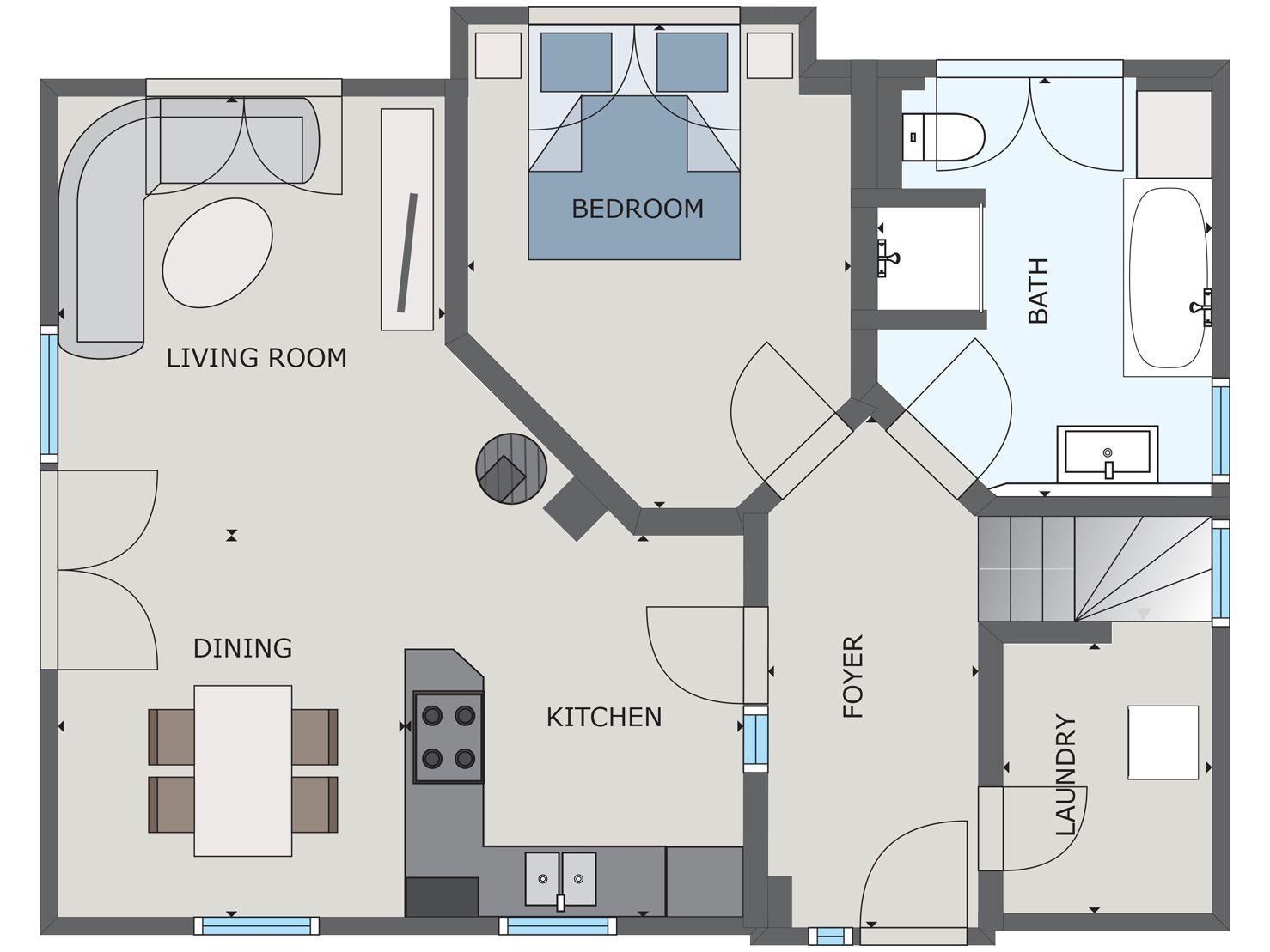 Dieses Haus hat einen Wohnbereich, Schlafzimmer, Küche und Bad.