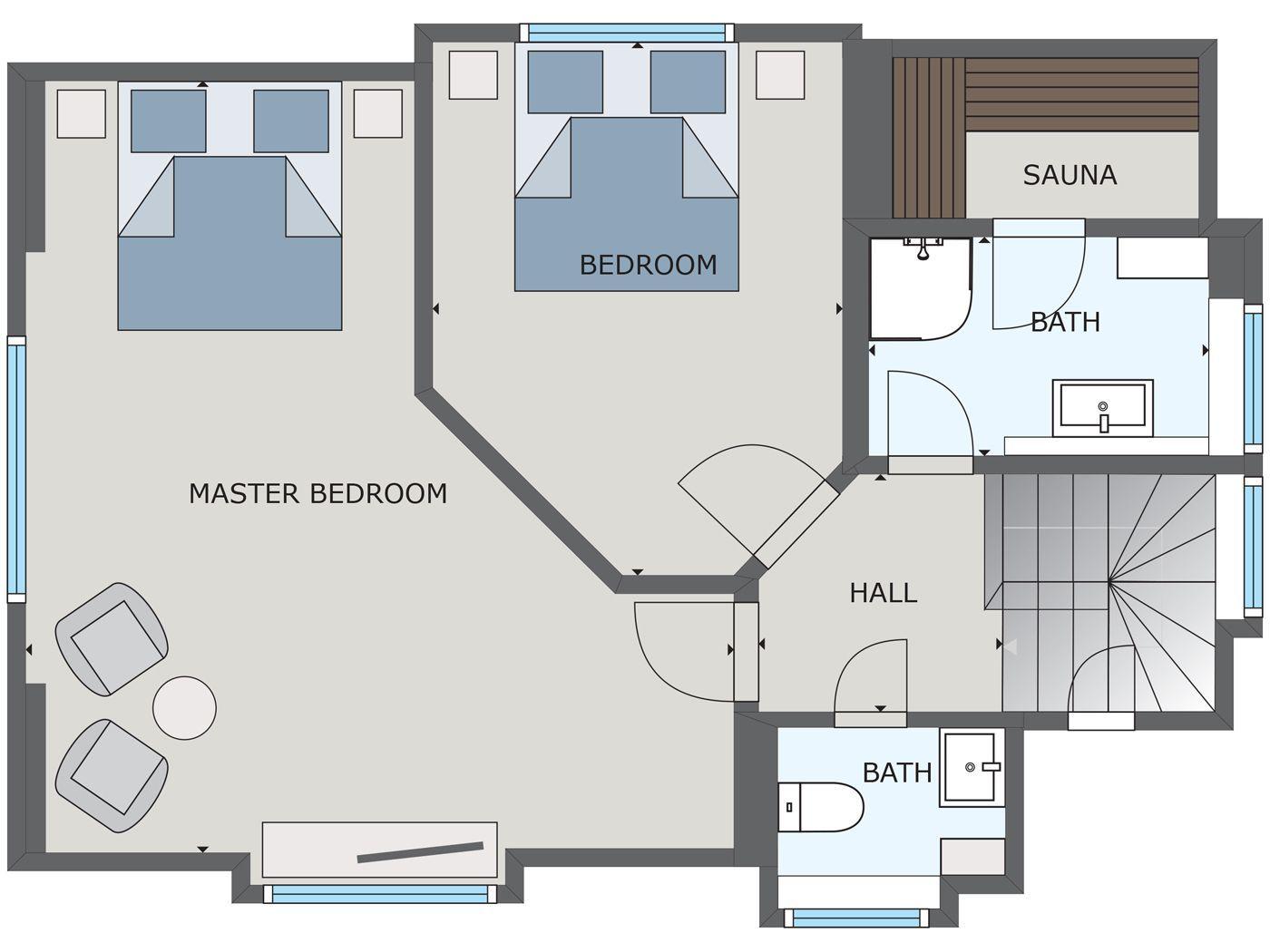 Die Wohnung hat zwei Schlafzimmer, eine Sauna und zwei Bäder.