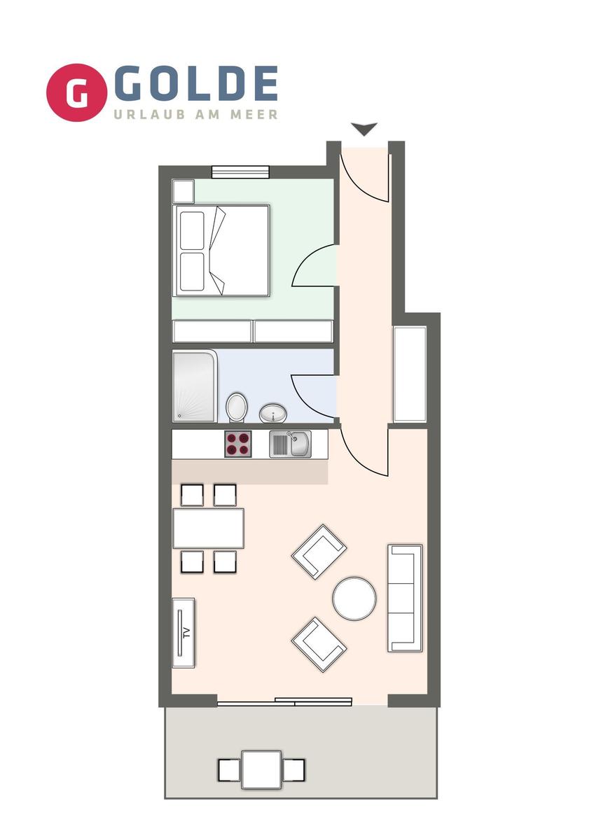 Wohnung mit Schlafzimmer, Küche, Bad und Wohnbereich mit TV.
