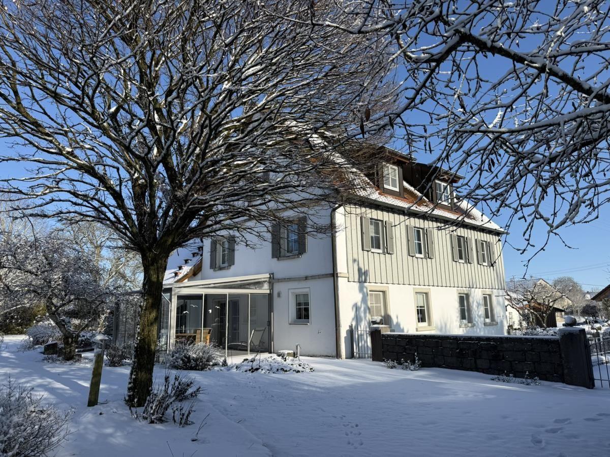 Haus mit Schneebedecktem Grundstück und großen Fenstern