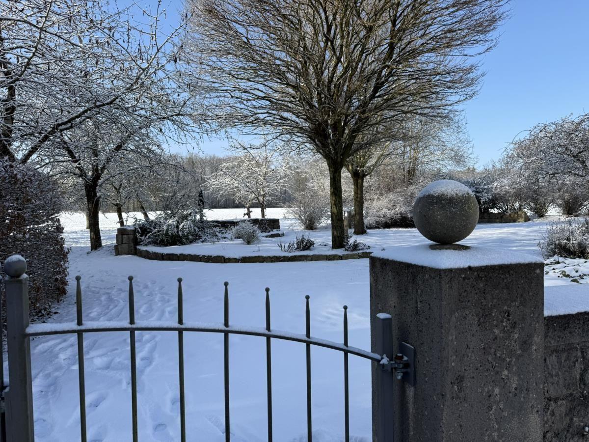 Schneebedeckter Garten mit Zaun und Steinbollard. Bäume und Sträucher sind mit Schnee bedeckt.
