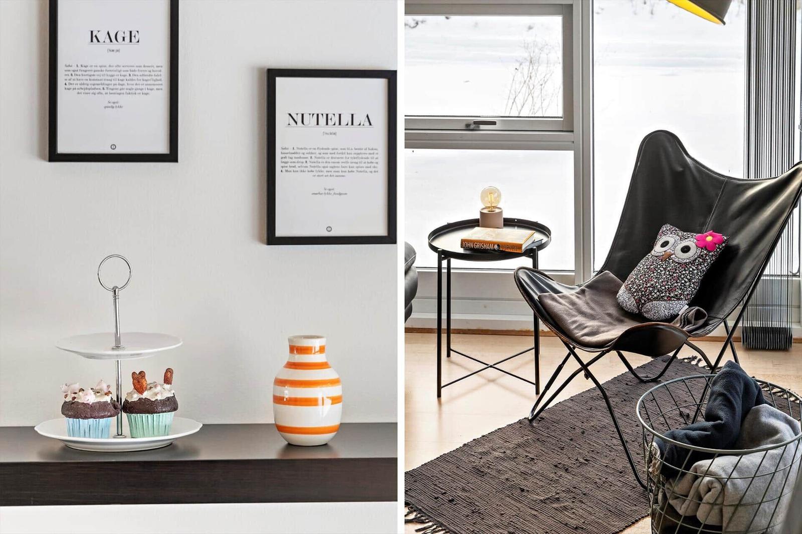 Two images: left, a counter with cupcakes and vases; right, a black chair by a window.
