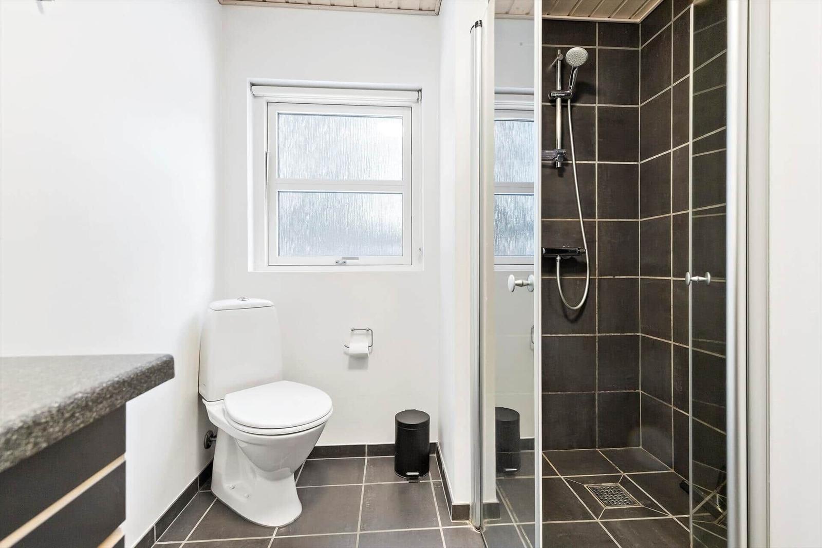 Bathroom with toilet, shower, and window.