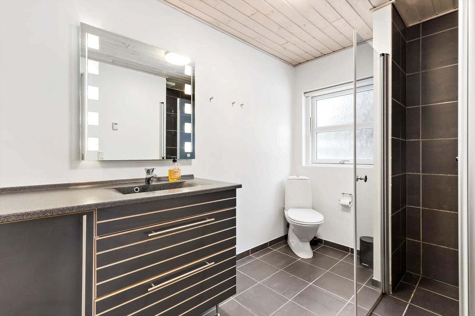 Bathroom with sink, mirror, toilet, and shower