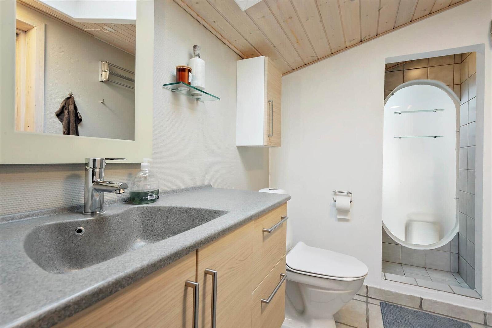 Bathroom with sink, toilet, and shower. Wooden ceiling and light walls.
