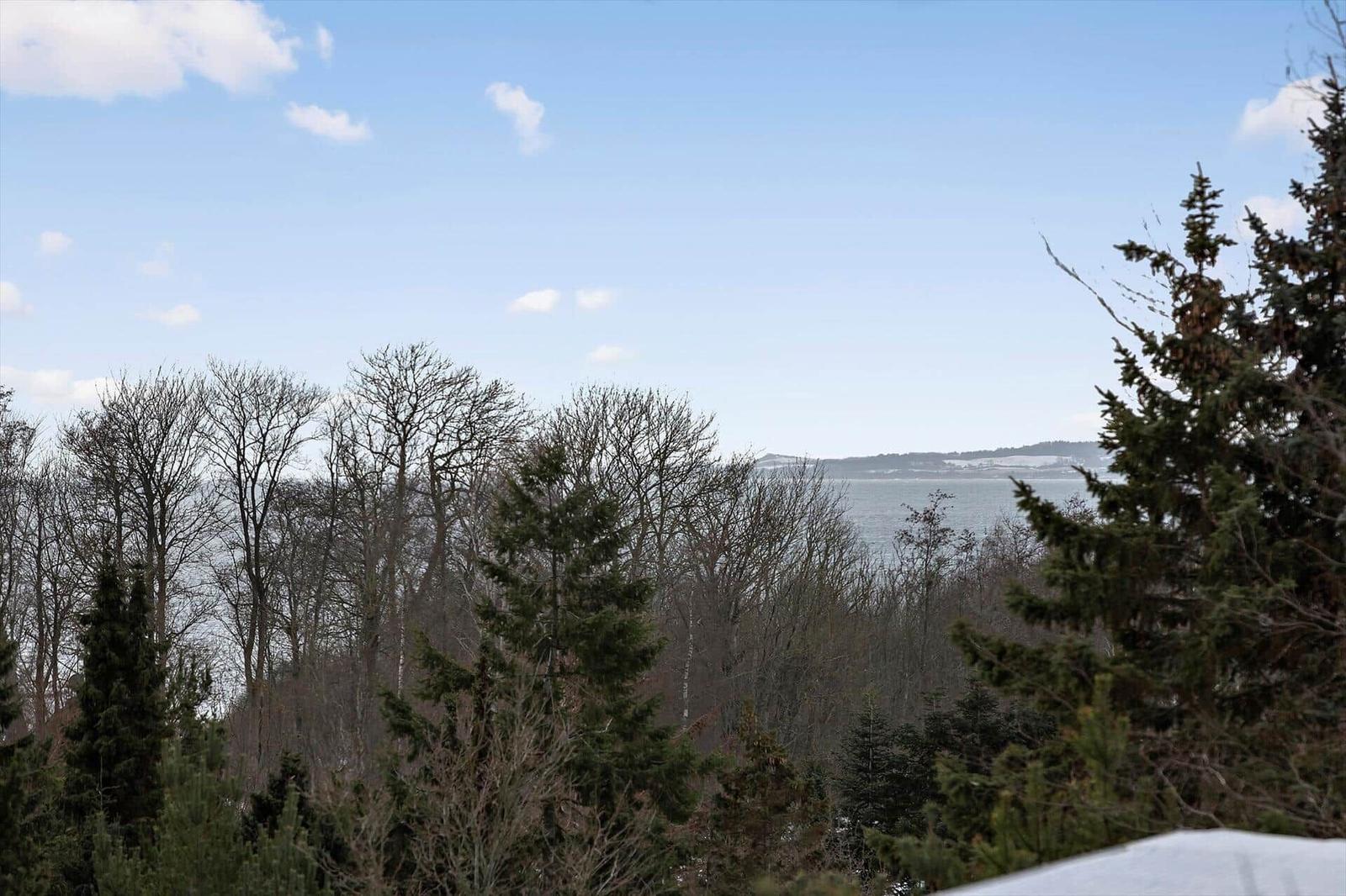 Panorama over lake and forest under blue sky with scattered clouds.