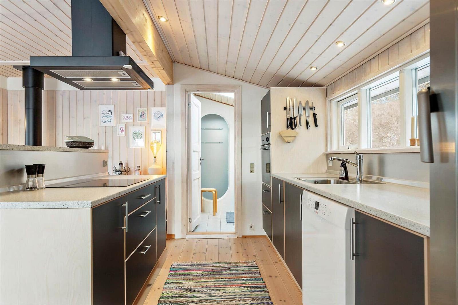 Kitchen with countertops, sink, stove, and dishwasher. Passage to the shower.