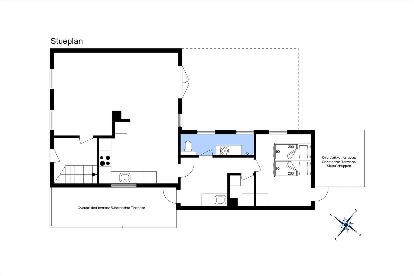 Floor plan shows living area with kitchen, bathroom, bedrooms, and covered terrace.