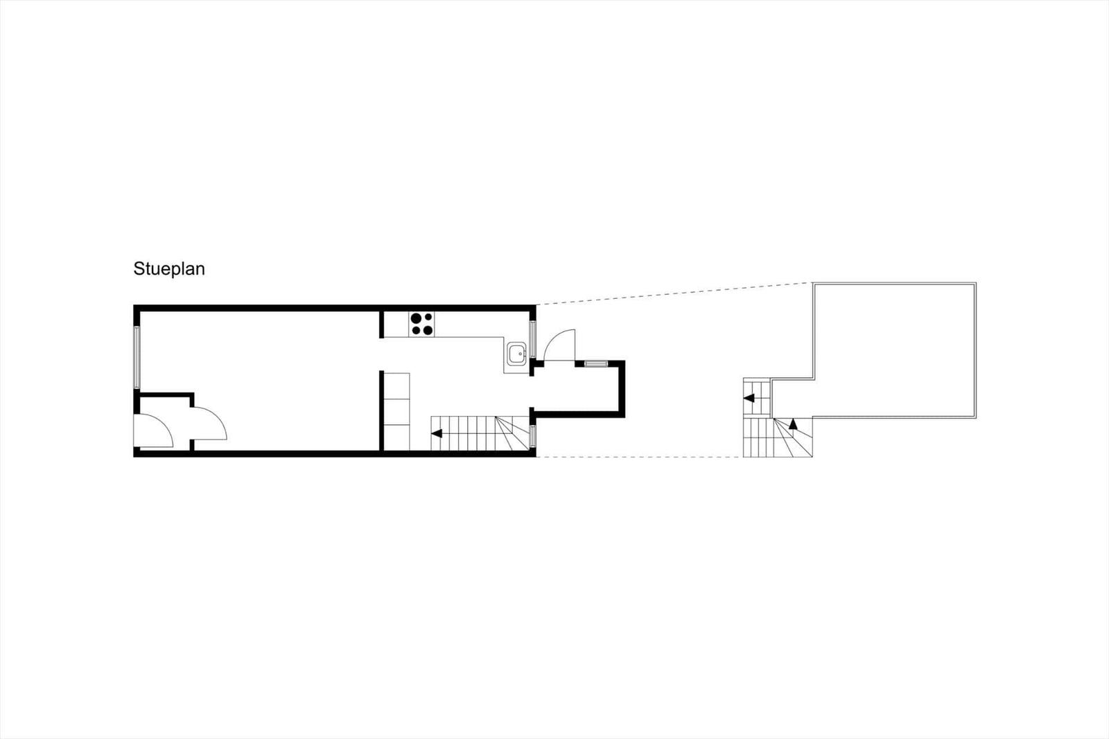 Floor plan shows kitchen, bathroom, and stairwell leading to upper level.