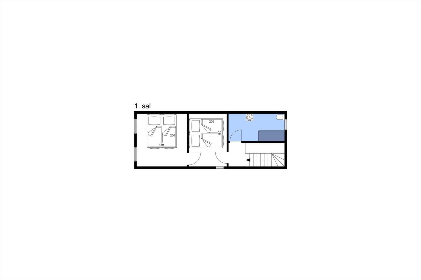 Ground floor plan with bedroom, bathroom, and staircase.