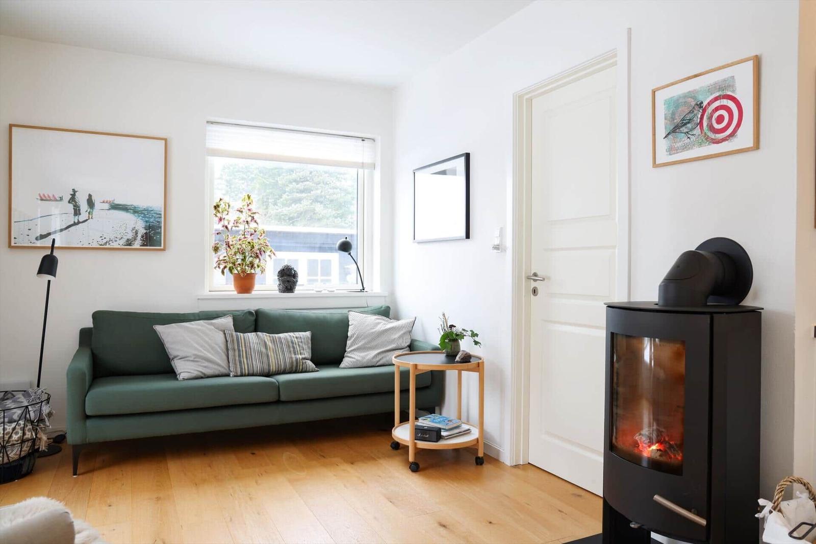 Living room with green sofa, wooden floor, and wood stove. Window, pictures, and plants.