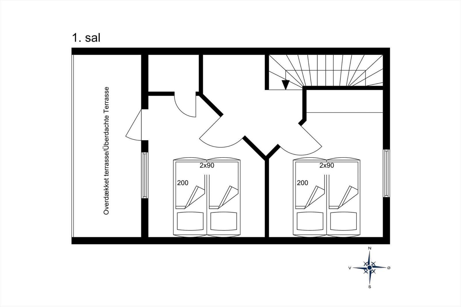 Ground floor with covered terrace, two bedrooms, and stairs to upper level.