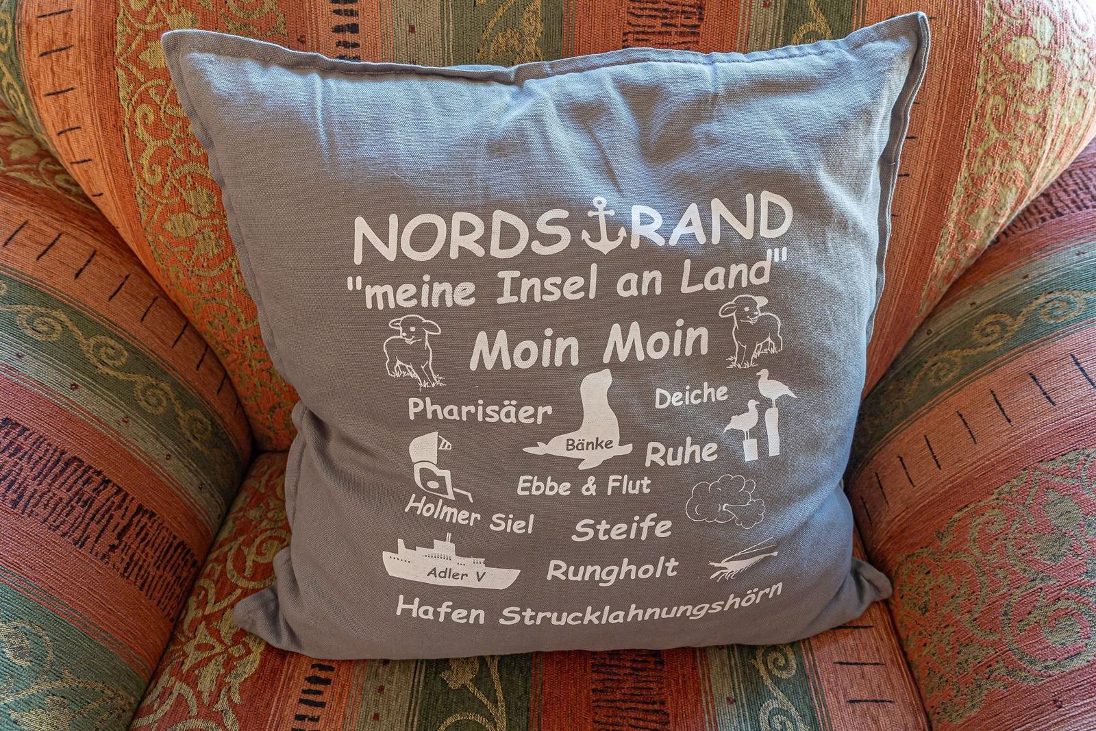 Kissen mit nordischer Motivierung auf einem gemusterten Sofa