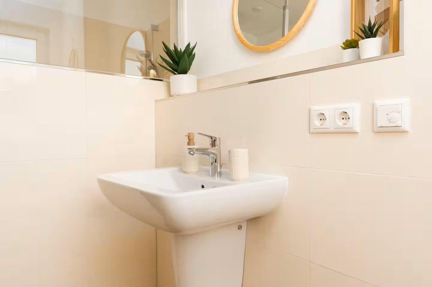 Badezimmer mit Waschbecken, Spiegel und Pflanzen