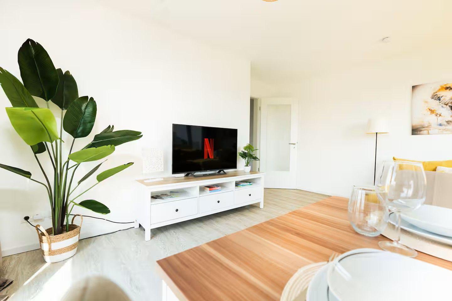 Wohn- und Essbereich mit TV, Pflanzen und gedecktem Tisch.