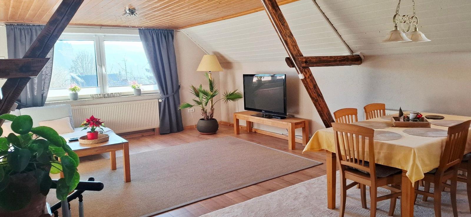 Wohn- und Essbereich mit TV, Tisch, Stühlen und großen Fenstern.