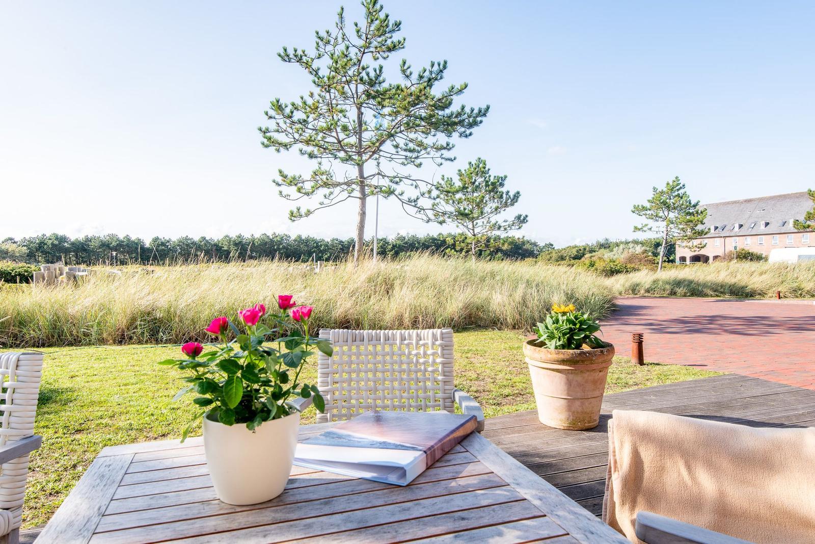 Terrasse mit Tisch, Stühlen und Pflanzen. Hintergrund: Grasland und Gebäude.