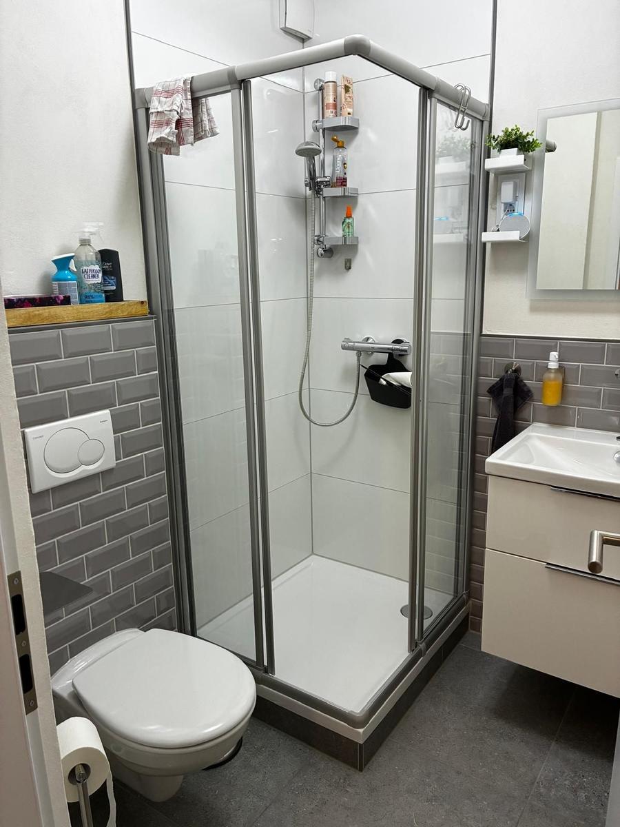 Badezimmer mit Dusche, Waschbecken und Toilette. Graue Fliesen und Spiegel.