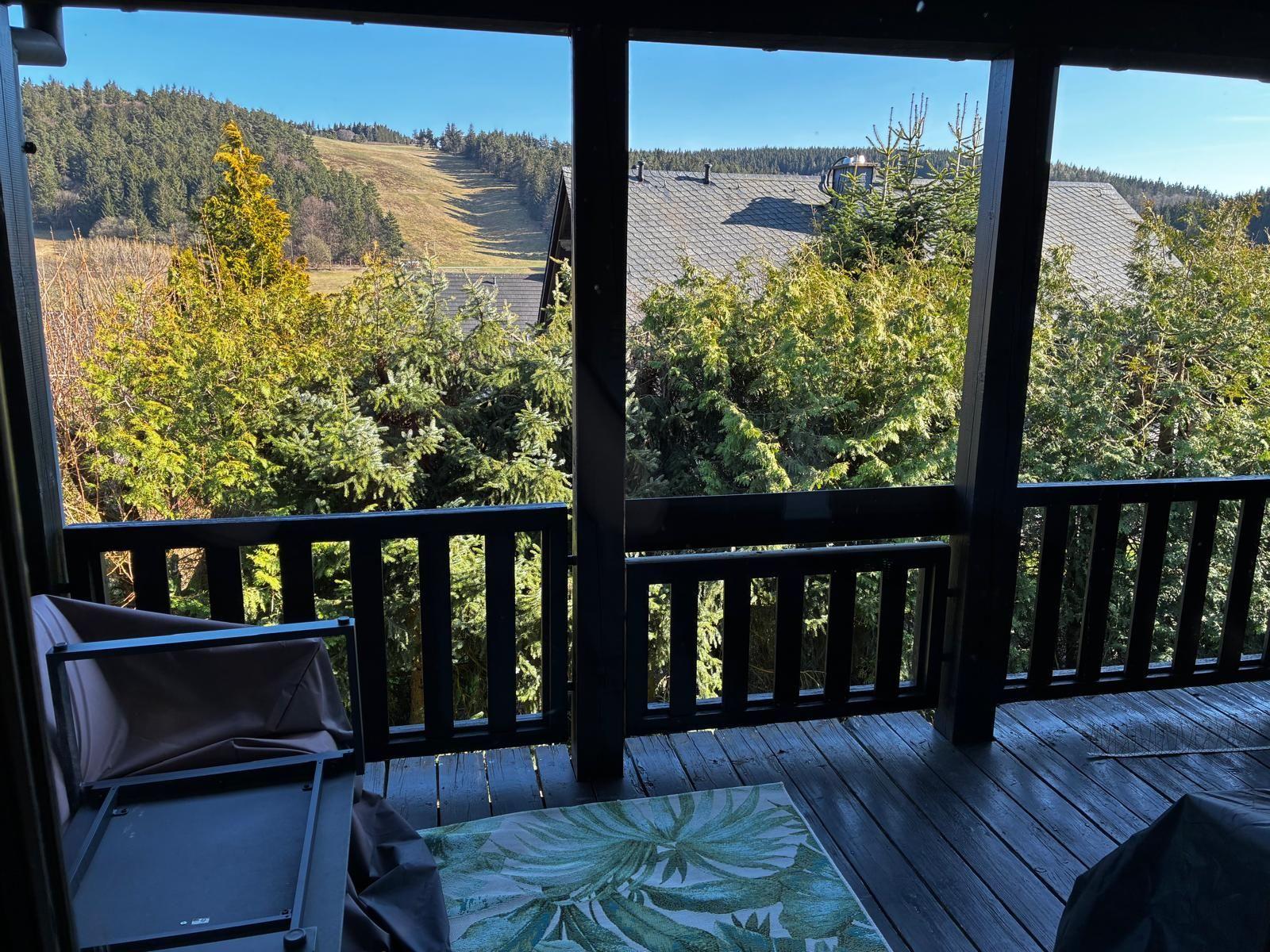 Terrasse mit Blick auf Wald und Hügel. Holzgeländer und Teppich mit Blattmuster.