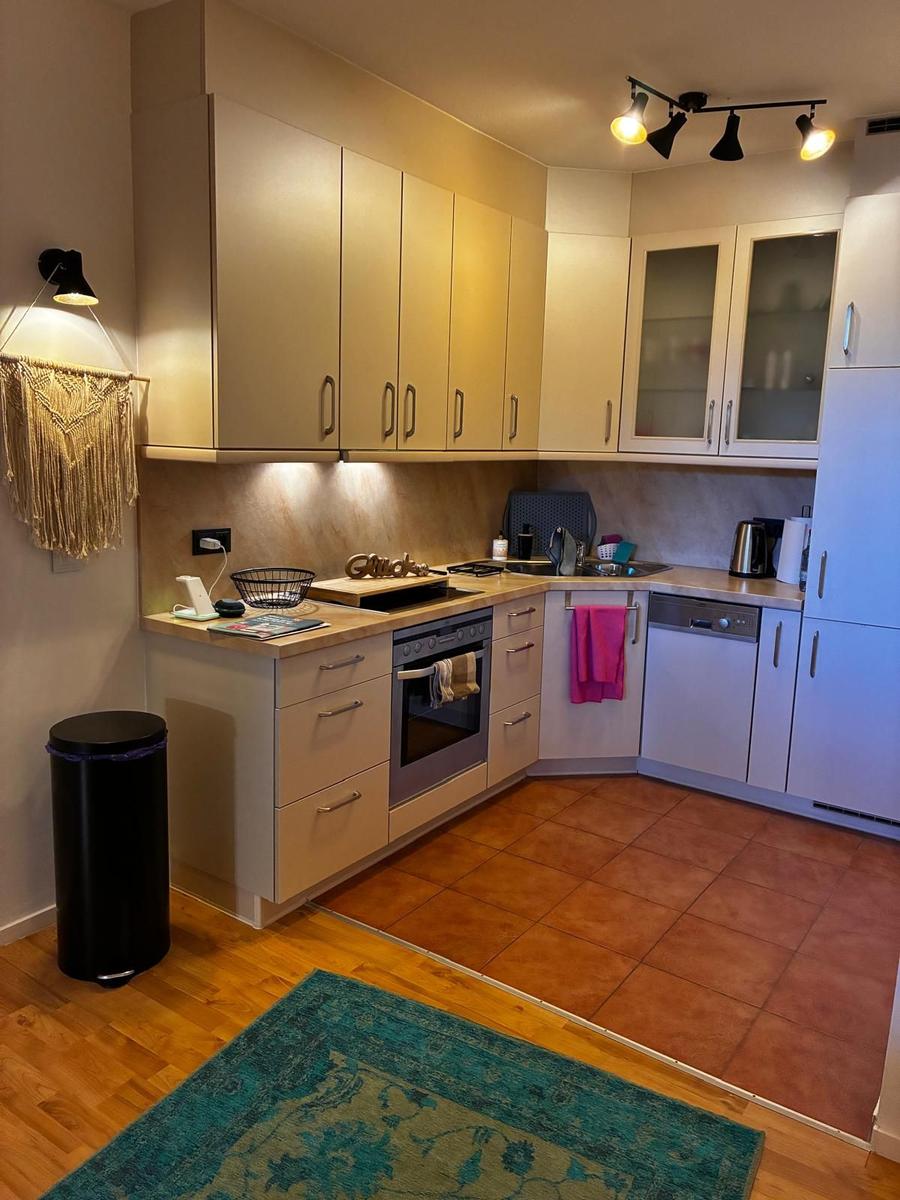 Küche mit Holzboden, Terrakottafußboden, Schränken und Einbauküche.