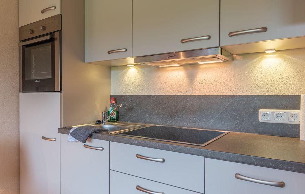 Küche mit Dunstabzugshaube, Spüle und integriertem Ofen.
