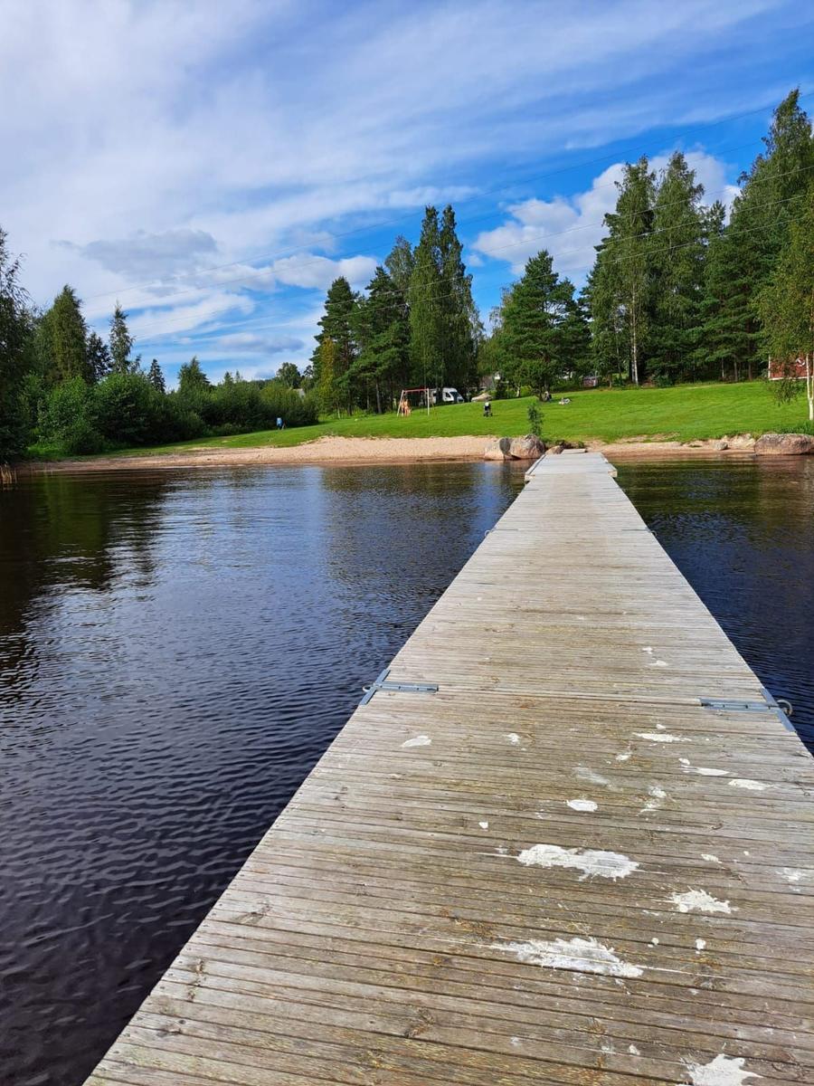 Holzsteg führt über Wasser zu grünem Ufer mit Bäumen und Strand.