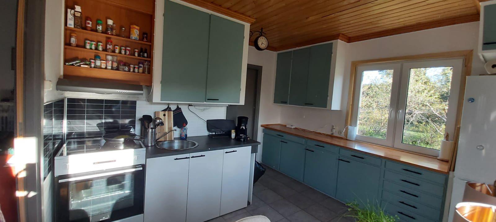 Küche mit Holzdecke, blauen Schränken und Fenster zum Garten.