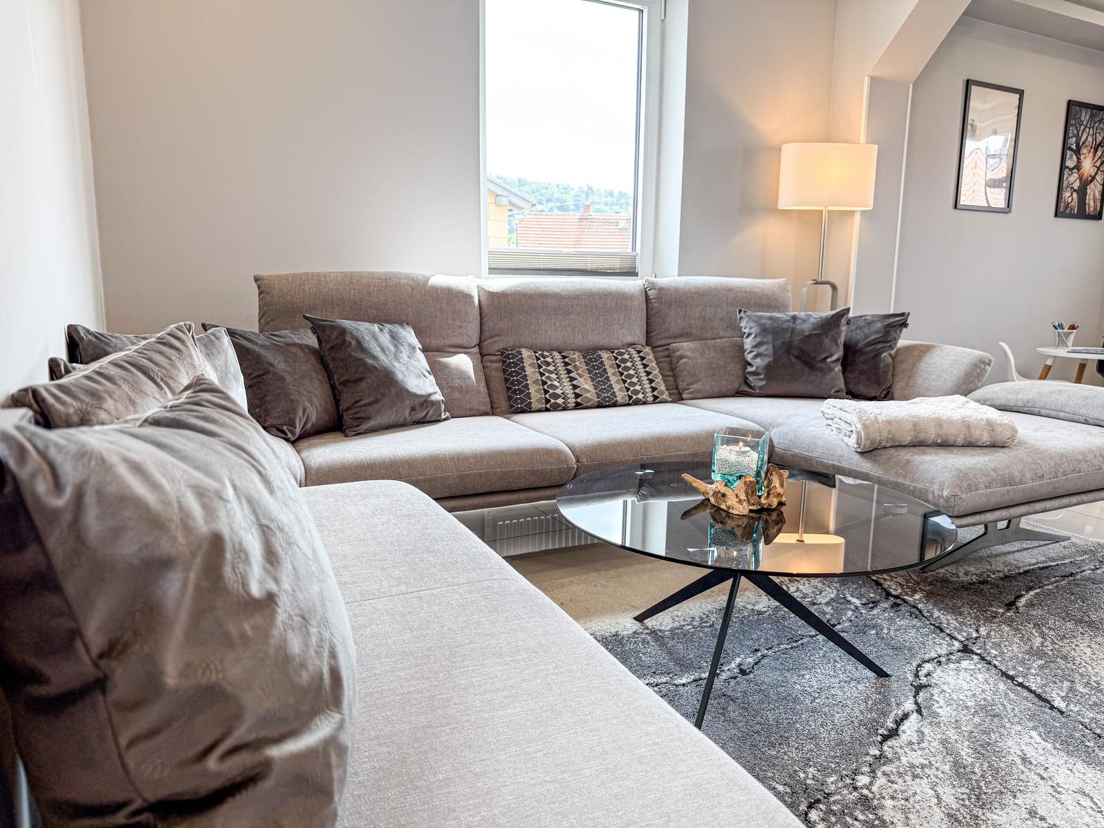 Ein Wohnzimmer mit grauem Sofa, Glas-Tisch und Fensterblick.