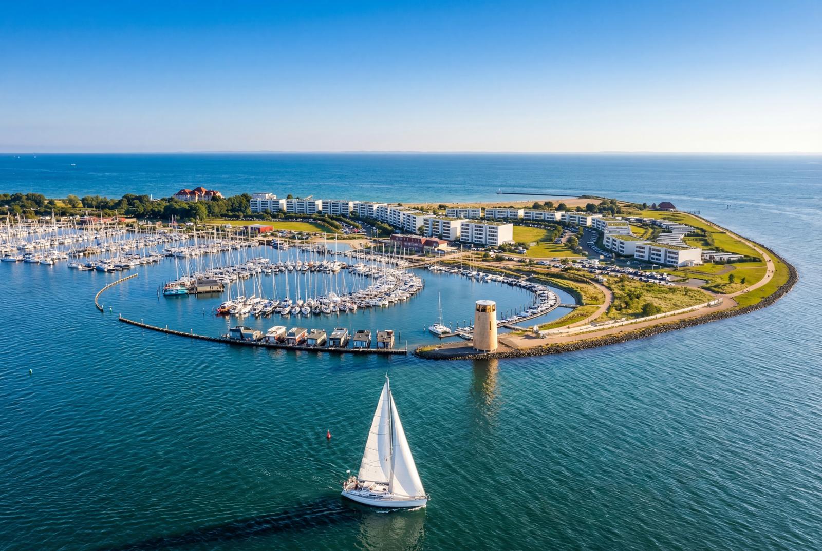 Luftaufnahme der Halbinsel Burgtiefe Yachthafen und Arne-Jacobsen-Siedlung