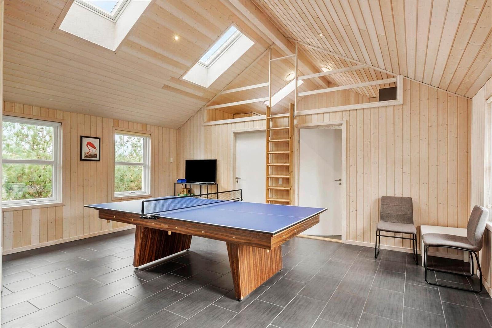 Room with ping pong table, wood walls, and skylights.