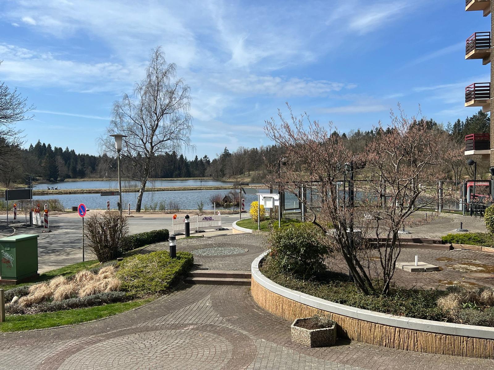 Pflasterweg führt zu einem See mit Bäumen und einem Mehrfamilienhaus.